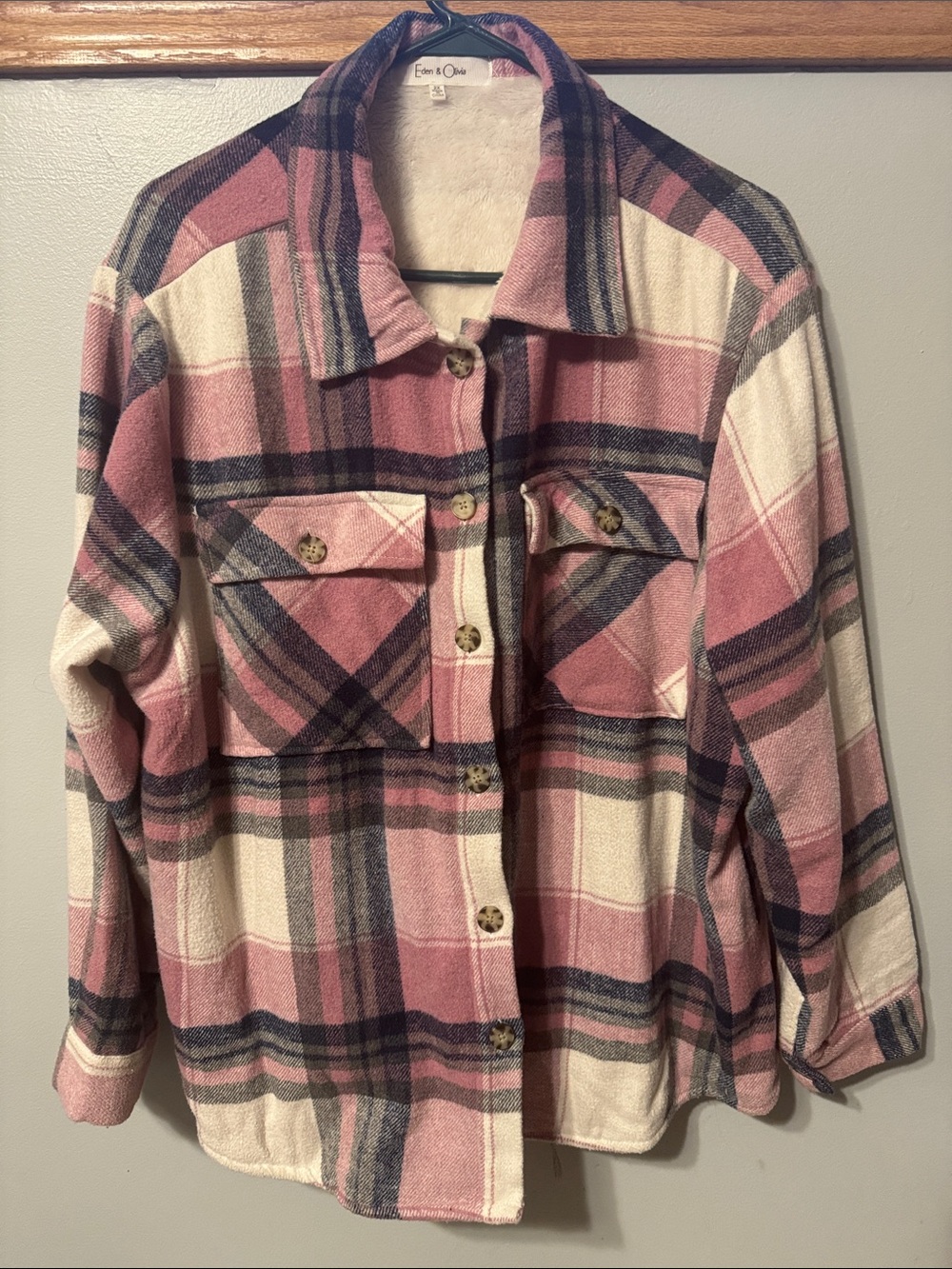 Eden & Olivia Pink and Cream Plaid Print Lined Button Down